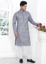 Linen Cotton Grey Traditional Wear Thread Work Kurta Pajama